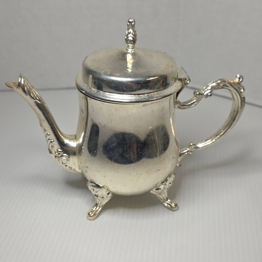 Vintage Silver Plate Mini Teapot Creamer Ornate Footed Hinged Lid Unmarked